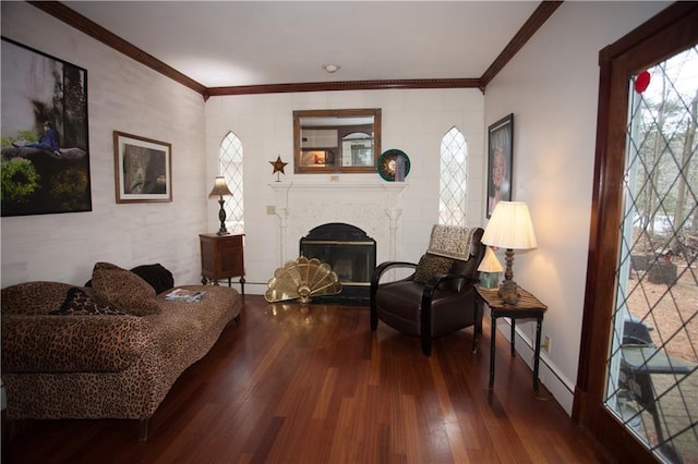 N7843 540th St, Menomonie, WI 54751 - living area featuring a fireplace, ornamental molding, a baseboard heating unit, wood finished floors, and baseboards