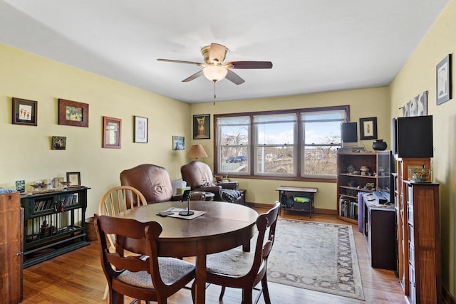 dining room with a ceiling fan and wood finished floors