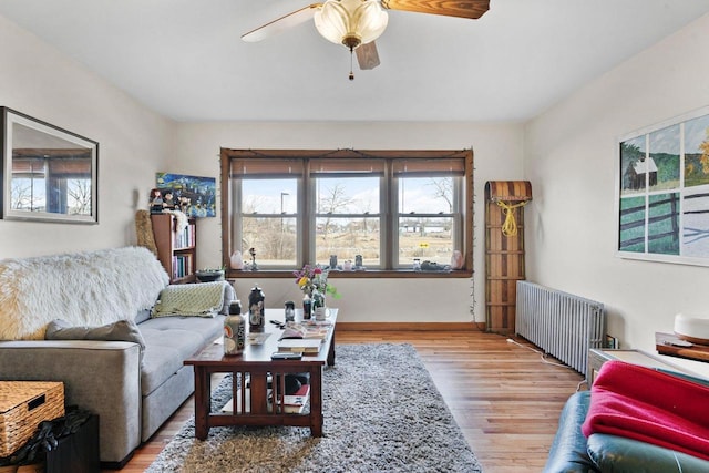 living area featuring radiator, ceiling fan, and wood finished floors