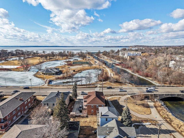 aerial view featuring a water view