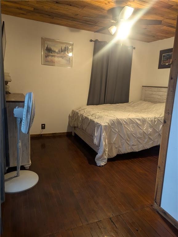 bedroom featuring wood ceiling, baseboards, and hardwood / wood-style floors