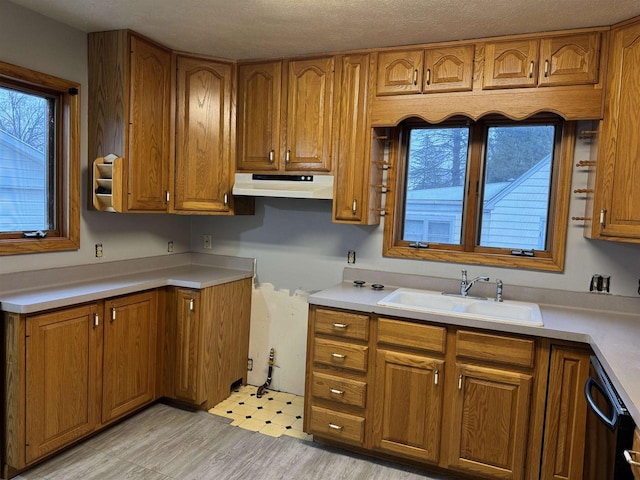 kitchen featuring brown cabinetry, black dishwasher, a sink, and under cabinet range hood