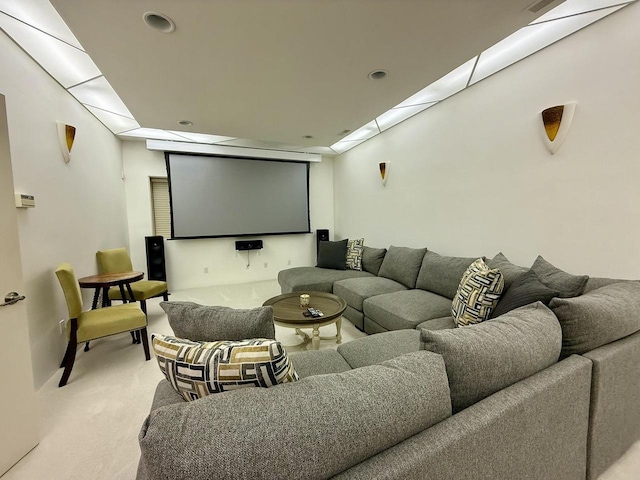 home theater with light carpet