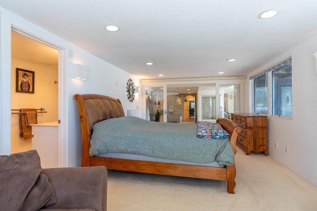 bedroom featuring recessed lighting and light colored carpet