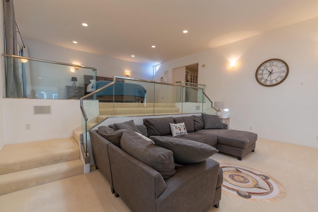 living room with stairway, carpet flooring, and recessed lighting