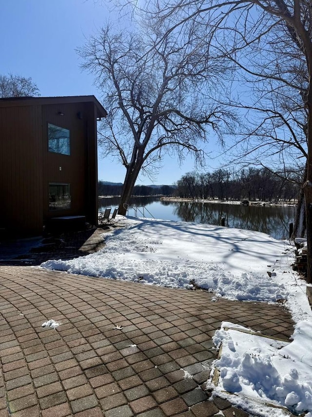 exterior space with a water view