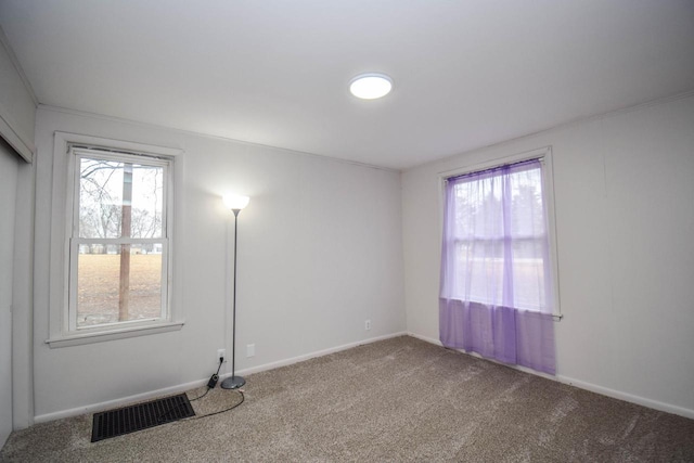 spare room with a wealth of natural light, baseboards, visible vents, and carpet flooring