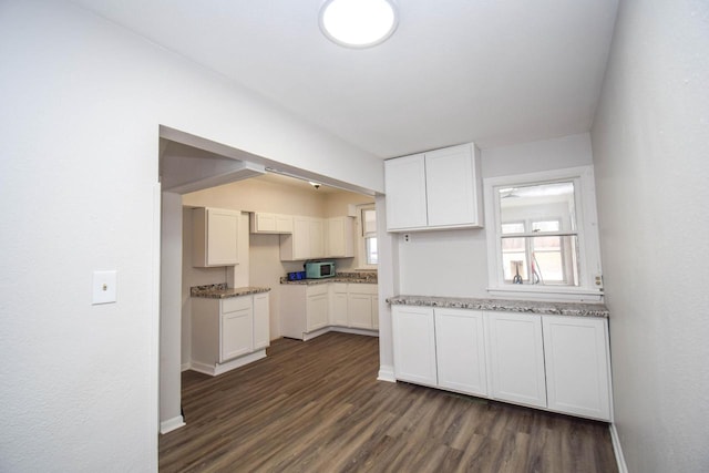 kitchen featuring dark wood-type flooring, a wealth of natural light, stainless steel microwave, and light stone countertops