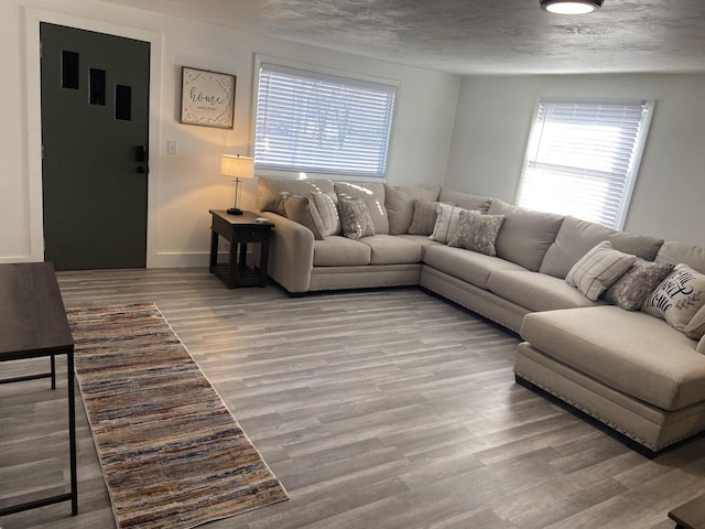 living area featuring a textured ceiling, baseboards, and wood finished floors