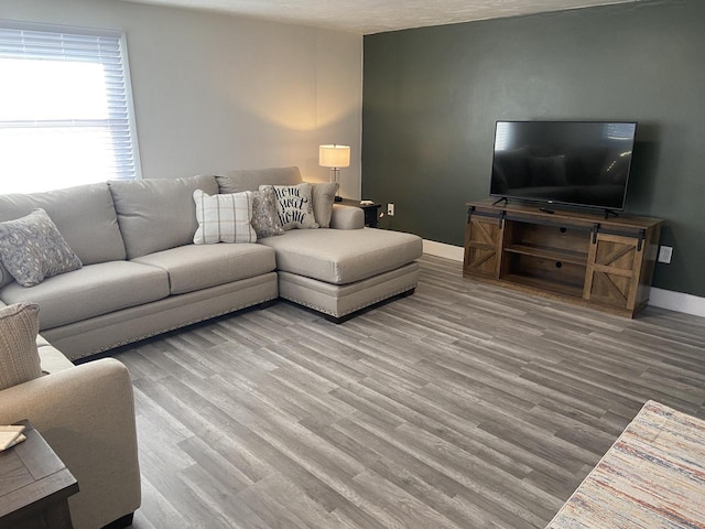 living room with baseboards and wood finished floors