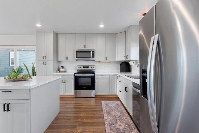 kitchen with stainless steel appliances, recessed lighting, white cabinets, and dark wood finished floors