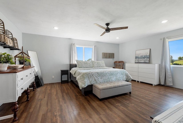 bedroom featuring a ceiling fan, recessed lighting, and dark wood-style flooring