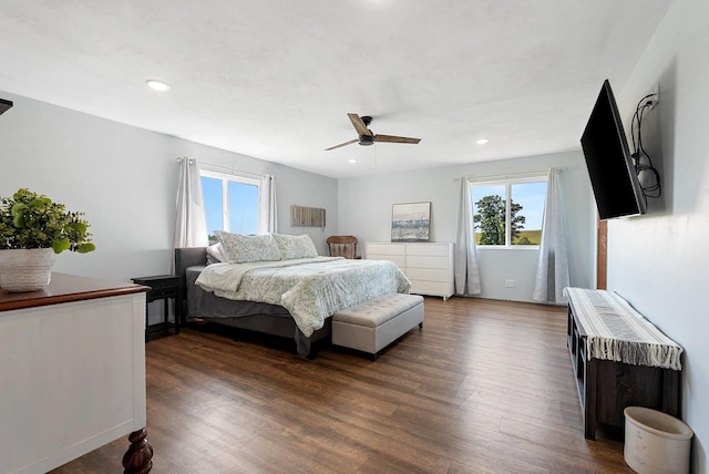 bedroom featuring ceiling fan, wood finished floors, and recessed lighting