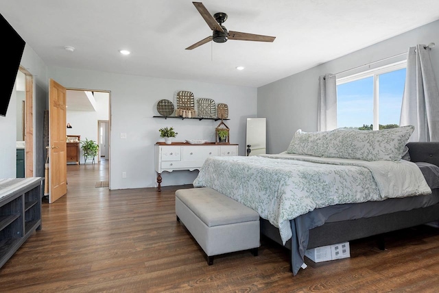 bedroom featuring dark wood-style floors, ceiling fan, and recessed lighting