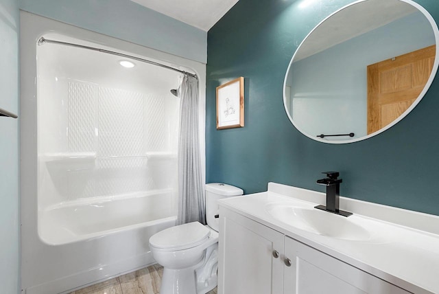 bathroom with shower / tub combo, vanity, toilet, and wood finished floors