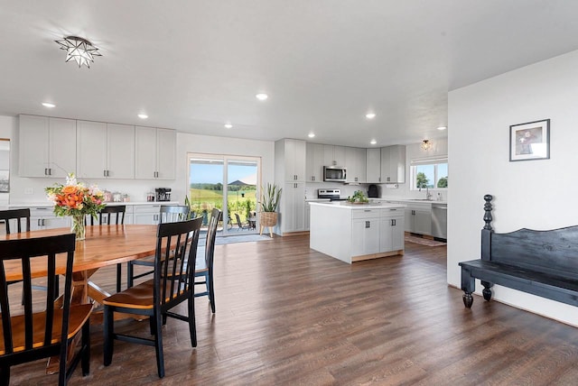 dining room featuring a healthy amount of sunlight, dark wood-type flooring, and recessed lighting