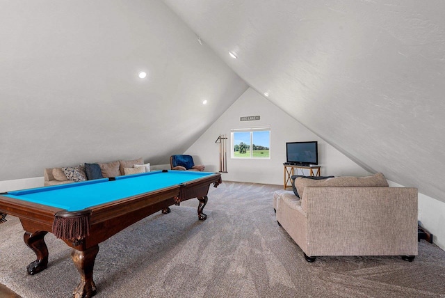 playroom with carpet, billiards, and lofted ceiling