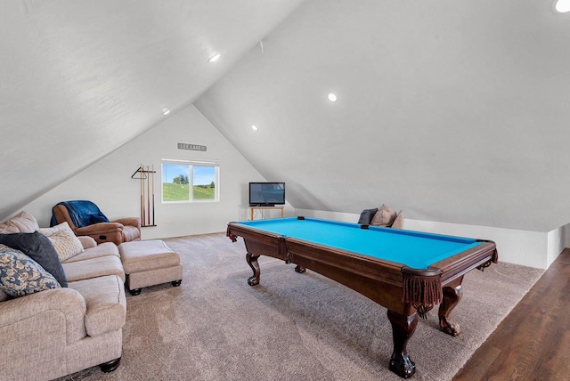 recreation room with carpet, billiards, and vaulted ceiling