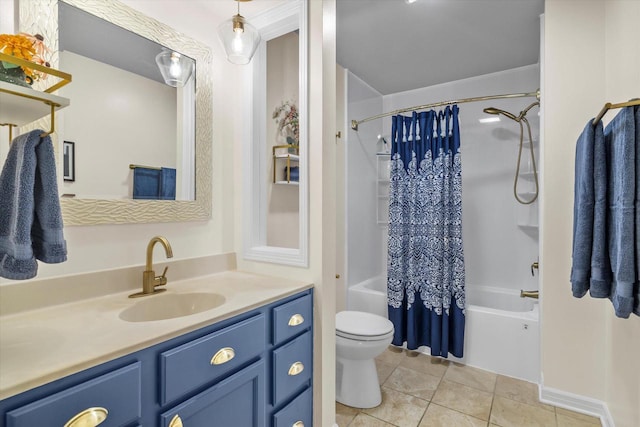 bathroom featuring toilet, shower / bath combo, vanity, and tile patterned floors