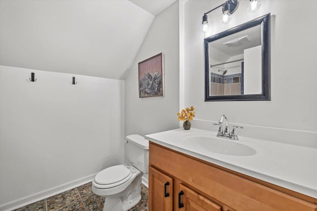 full bathroom with lofted ceiling, toilet, vanity, baseboards, and walk in shower