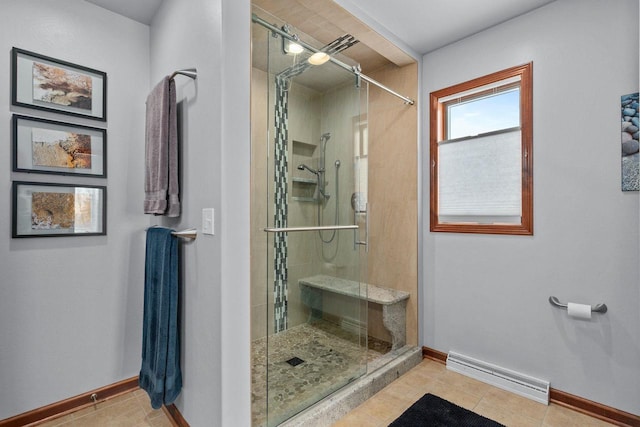 bathroom featuring a stall shower, visible vents, baseboards, and tile patterned floors