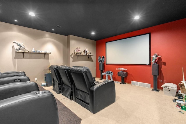 home theater featuring carpet floors, visible vents, and recessed lighting