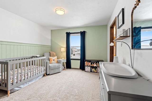 bedroom featuring a wainscoted wall, a crib, and carpet flooring