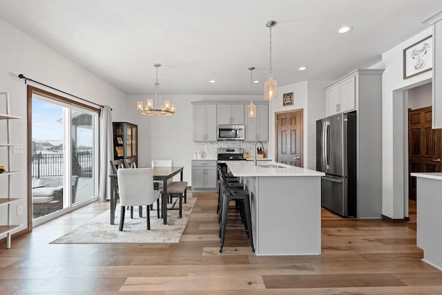 kitchen featuring backsplash, stainless steel appliances, light countertops, light wood-style floors, and a sink