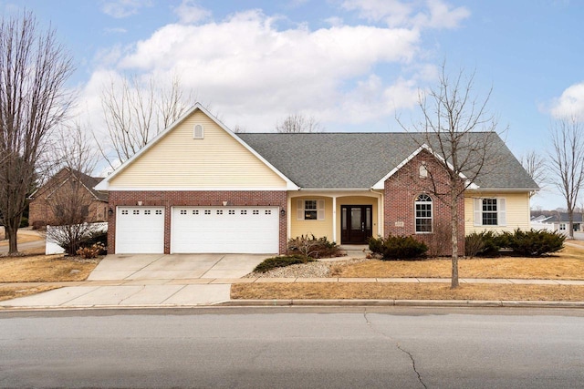 ranch-style house featuring a garage, concrete driveway, brick siding, and a shingled roof