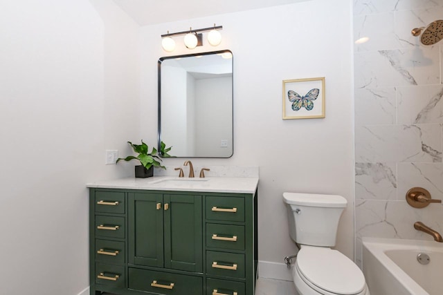 full bath with toilet, shower / bath combination, baseboards, and vanity