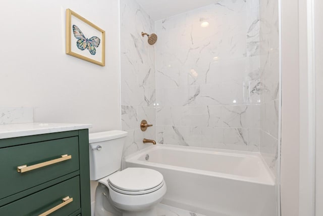 full bath featuring toilet, marble finish floor, shower / washtub combination, and vanity