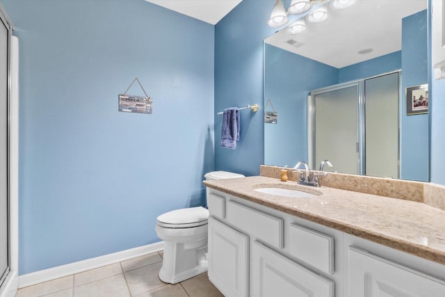 full bathroom featuring toilet, vanity, visible vents, tile patterned floors, and a stall shower