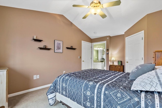 carpeted bedroom featuring vaulted ceiling, ceiling fan, and baseboards