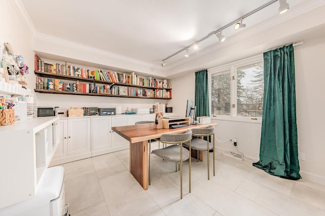 office area featuring ornamental molding, visible vents, and light tile patterned floors