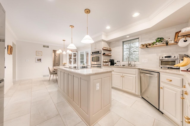 kitchen with ornamental molding, a center island, stainless steel dishwasher, open shelves, and a sink