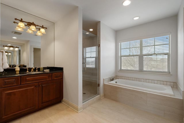 full bath with a garden tub, recessed lighting, vanity, visible vents, and a shower stall