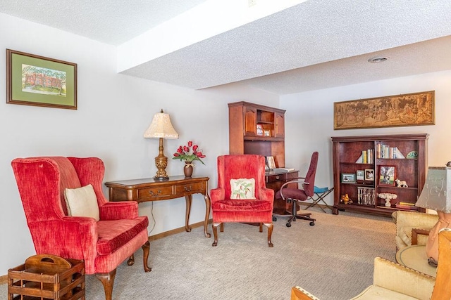 sitting room featuring carpet, a textured ceiling, and baseboards