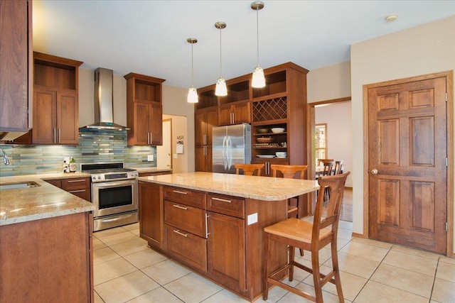 kitchen featuring open shelves, a sink, appliances with stainless steel finishes, wall chimney range hood, and decorative backsplash