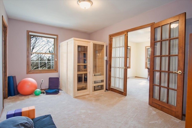 interior space with french doors and carpet floors