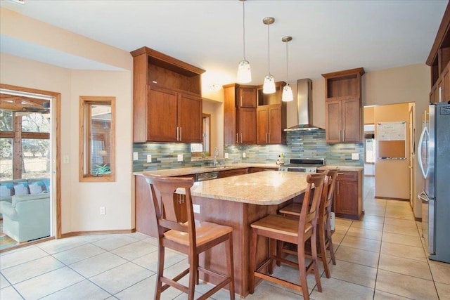 kitchen with open shelves, stove, wall chimney exhaust hood, and freestanding refrigerator