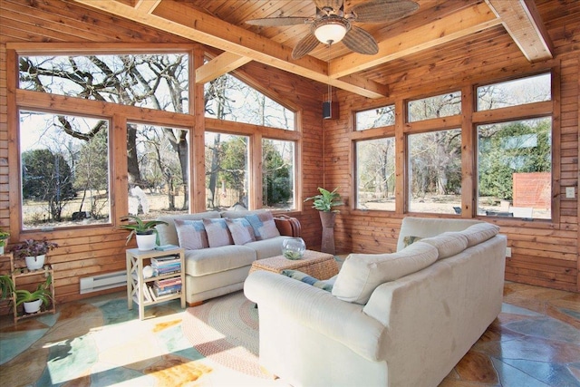 living area with ceiling fan, beamed ceiling, wood walls, wooden ceiling, and a baseboard radiator