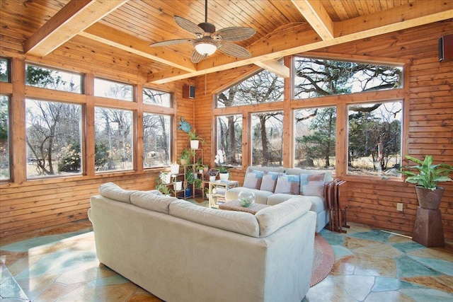 sunroom featuring wooden ceiling, lofted ceiling with beams, and a ceiling fan