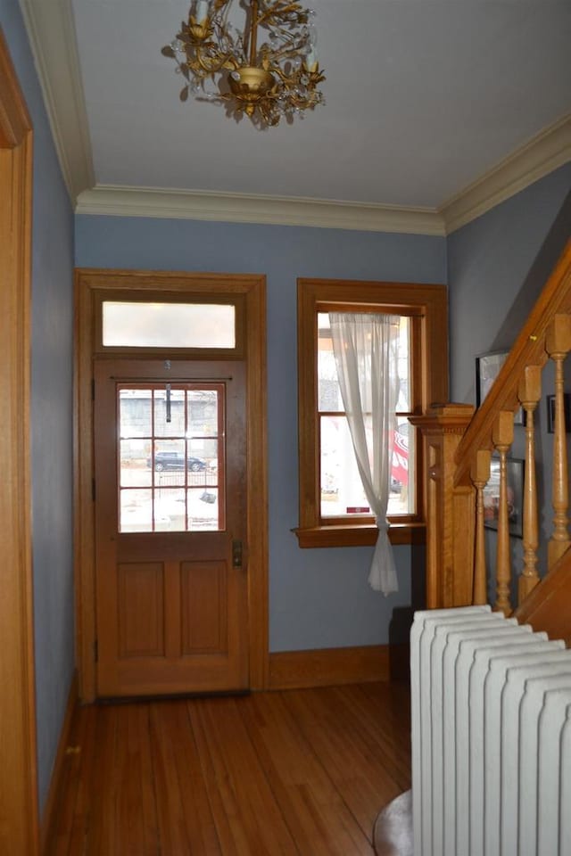 entrance foyer featuring radiator, a healthy amount of sunlight, stairs, and crown molding