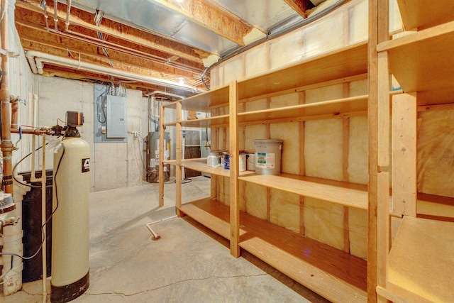 unfinished basement with electric panel and gas water heater