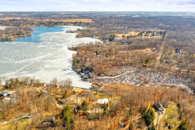 bird's eye view with a water view and a wooded view