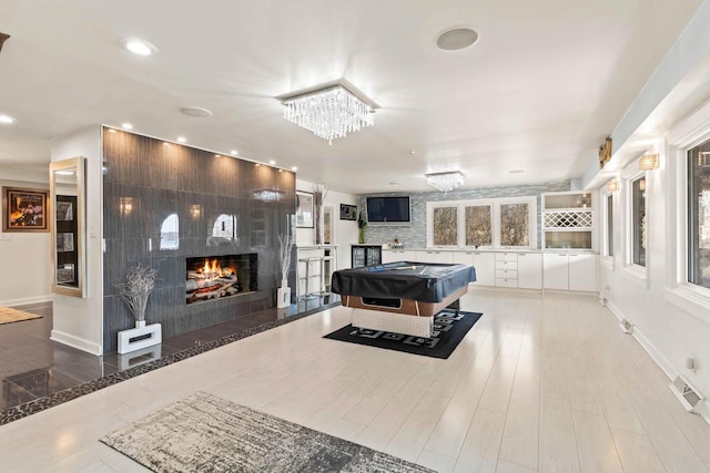 game room with baseboards, visible vents, pool table, a fireplace, and recessed lighting