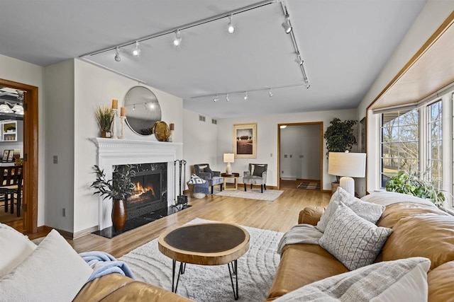 living room featuring a fireplace, track lighting, and wood finished floors