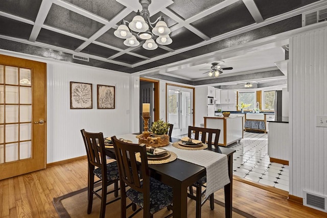 dining space with crown molding, light wood-style floors, visible vents, and coffered ceiling