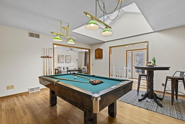 rec room with pool table, wood finished floors, visible vents, and baseboards