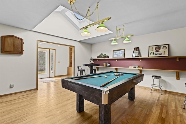 rec room featuring baseboards, light wood-style flooring, and billiards